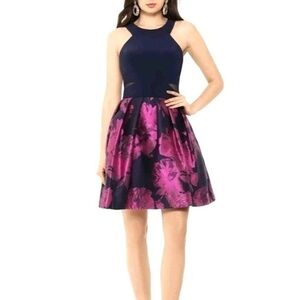 X BY XSCAPE Women's Halter Fit & Flare Dress - Navy/Purple Floral Size 4